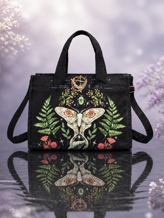 ROMWE Handbags - Woman’s Black Goth/Fairycore Print Tote Bag w/ Adjustable Straps